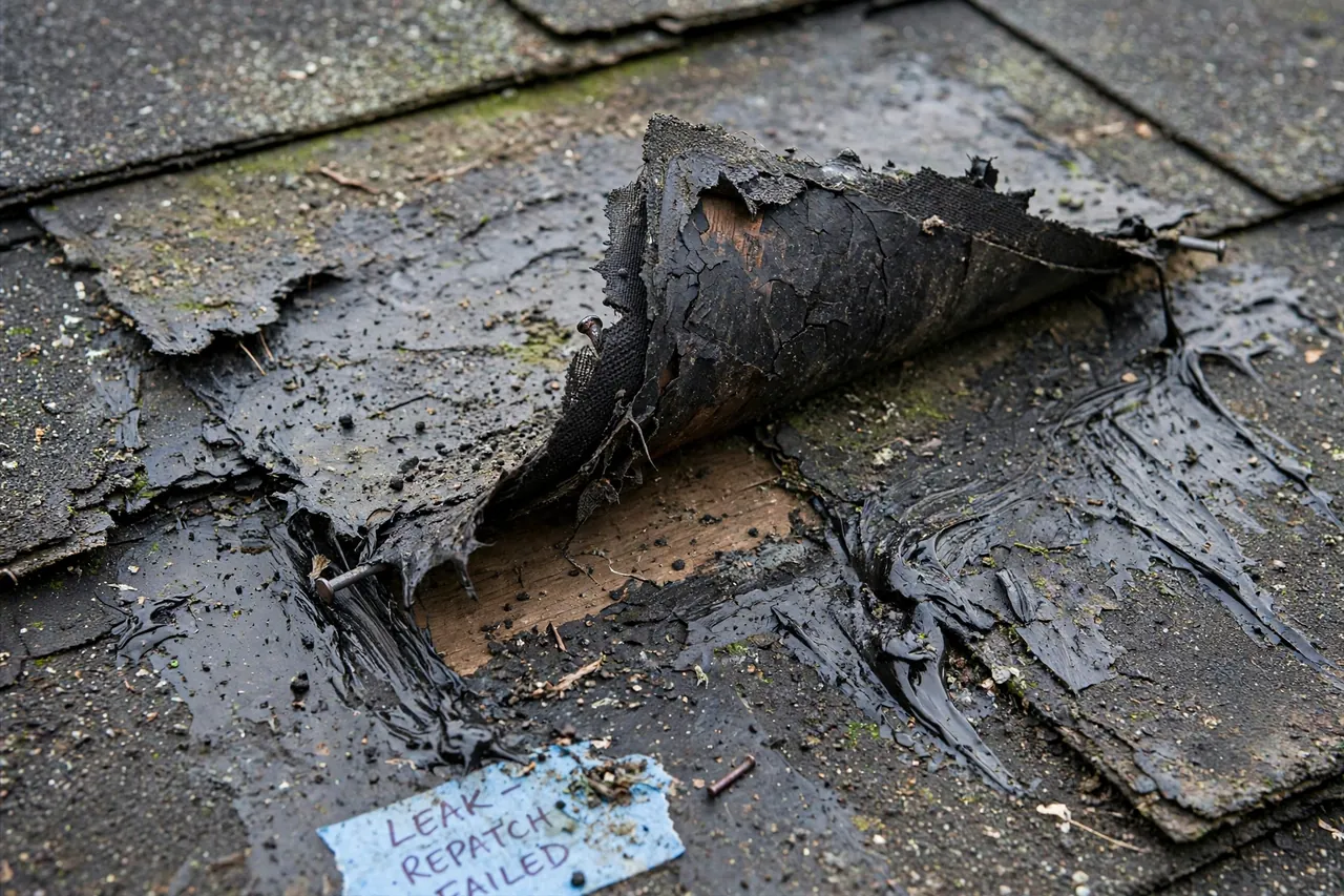 Close-up of a failed DIY roof patch with cracked roofing tar over damaged asphalt shingles on a Wilmington home