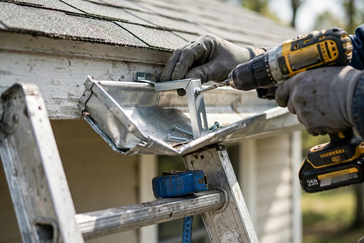 Gutter repair in Wilmington: worker on a ladder re-attaching a sagging aluminum gutter section with a new bracket in daylight