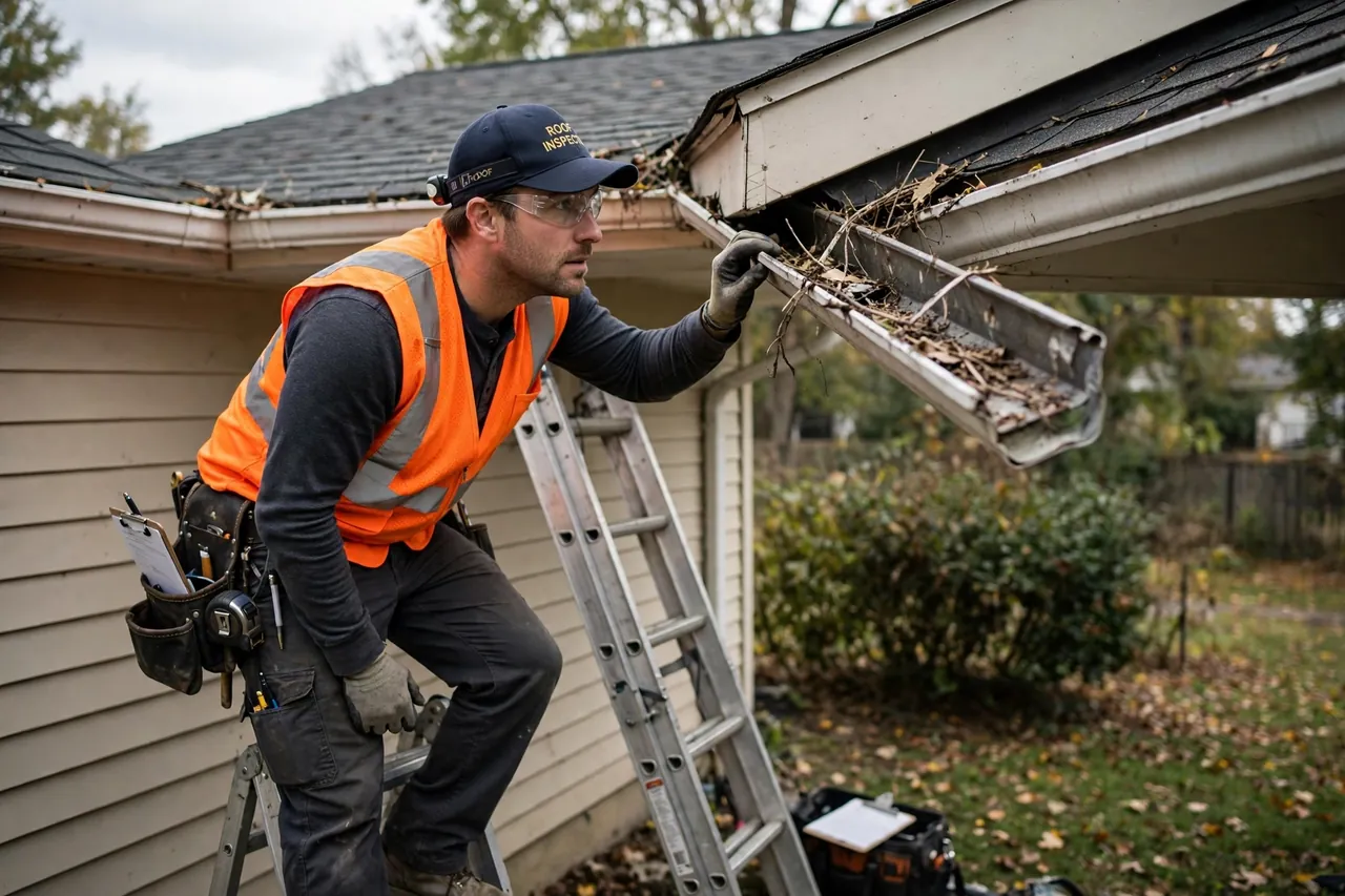 Professional roofer inspecting asphalt shingles, flashing, and vents on a Wilmington Delaware home during a routine roof inspection