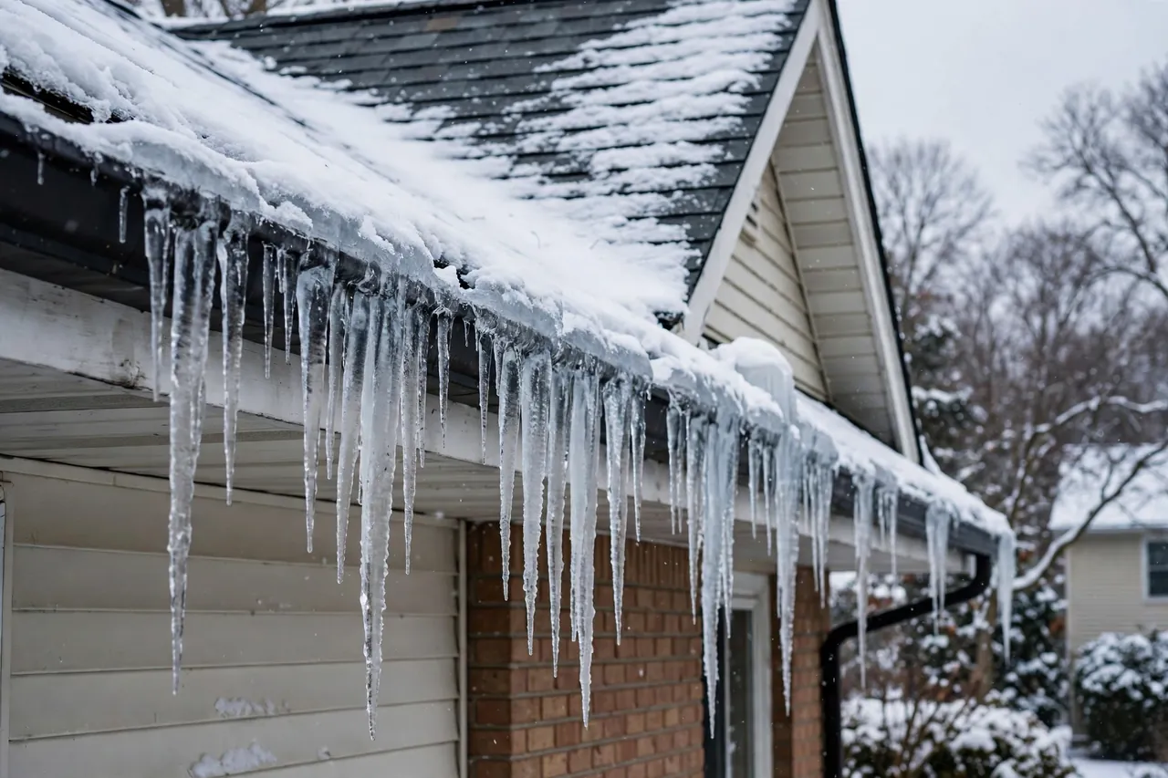 Icicles and ice dam buildup along the eaves of a snow-covered roof on a Wilmington Delaware home in winter