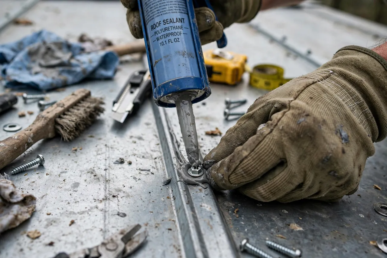 Metal roof repair in Wilmington: roofer re-securing a standing-seam metal panel and inspecting fasteners on a residential metal roof