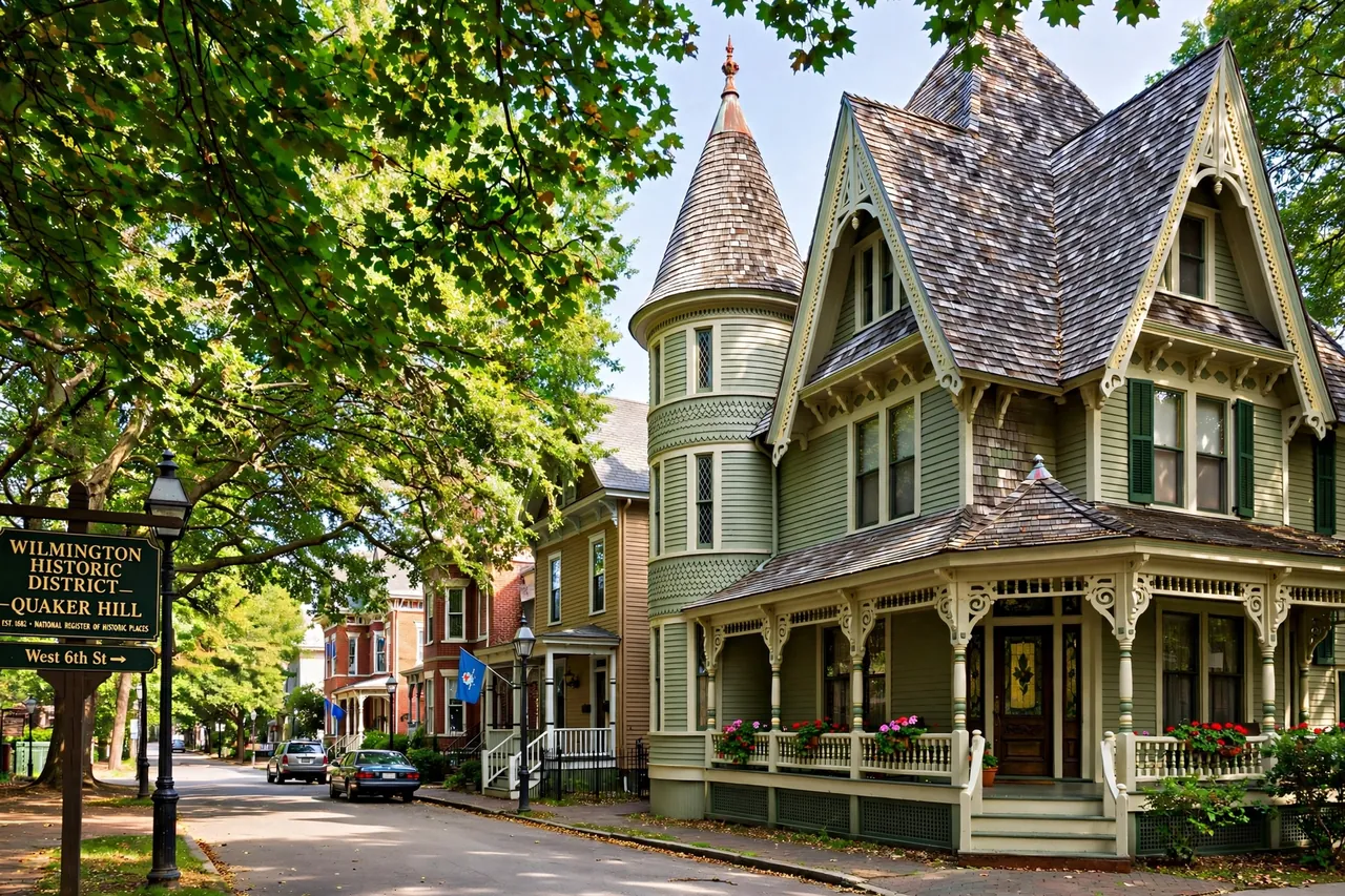 Roof repair in Trolley Square Wilmington: roofer inspecting slate tiles and flashing on a steep Victorian gable roof along Delaware Avenue