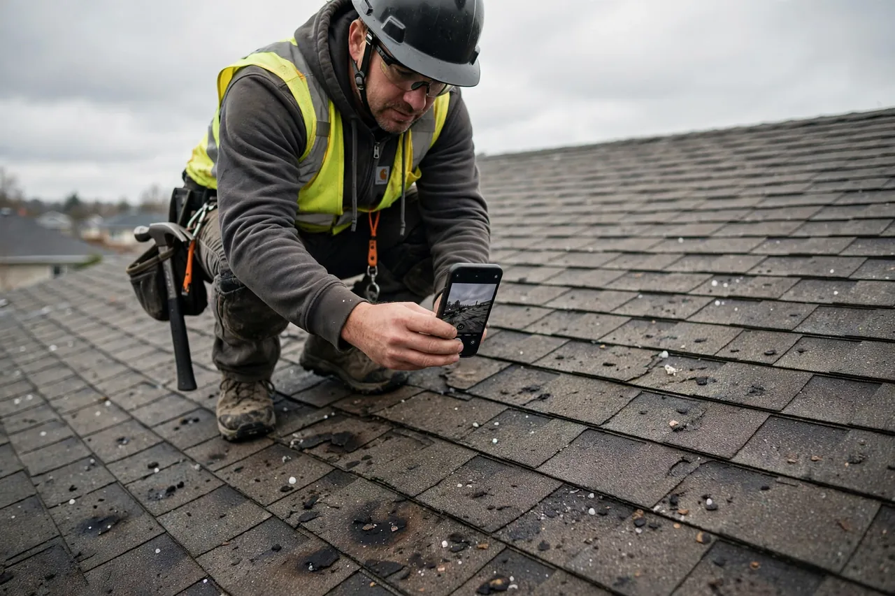 Homeowner photographing wind-damaged shingles on a Wilmington Delaware roof after a storm for insurance documentation