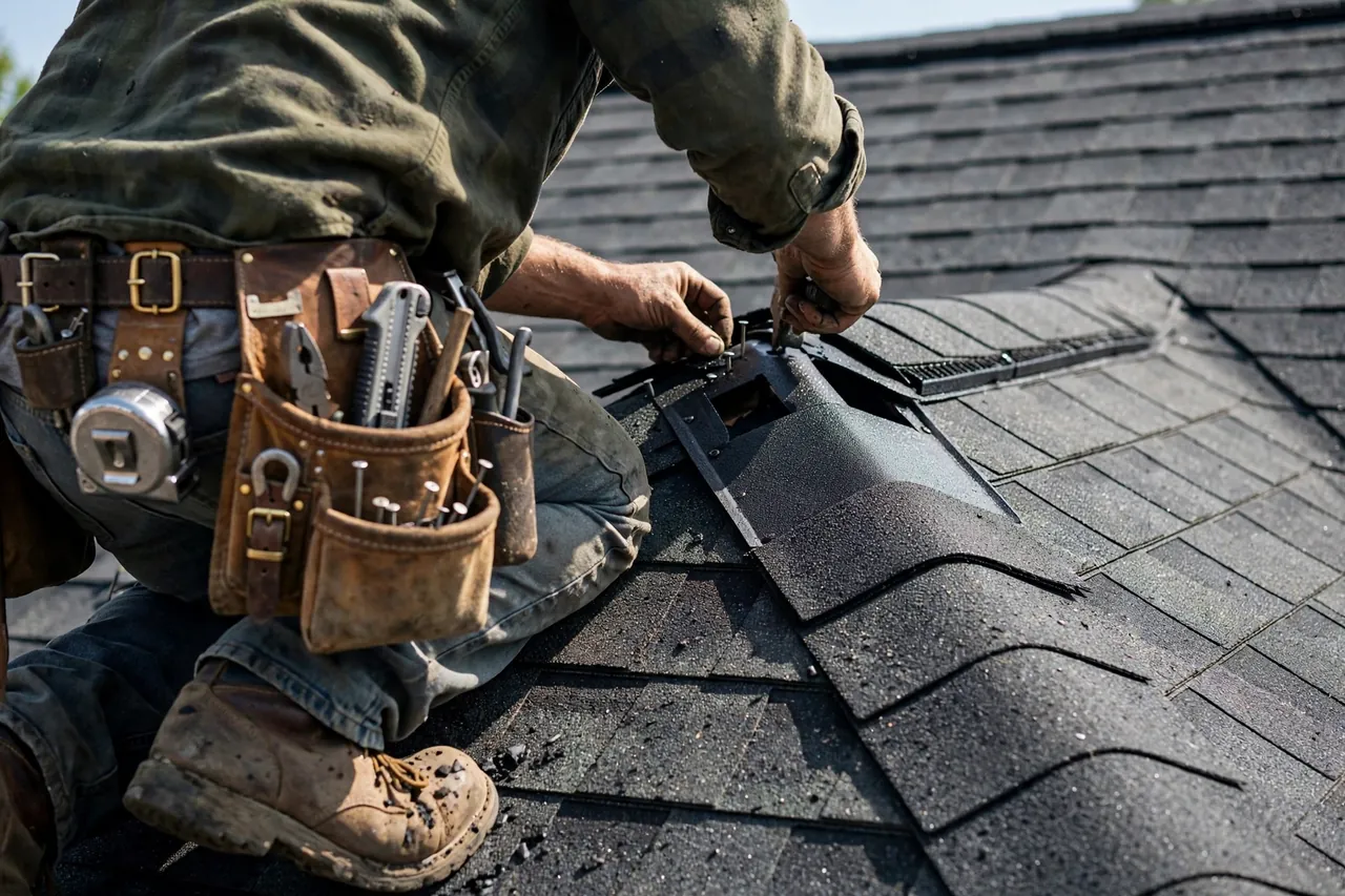 Roof ventilation repair in Wilmington: roofer working on a ridge vent along the peak of an asphalt shingle roof in bright daylight
