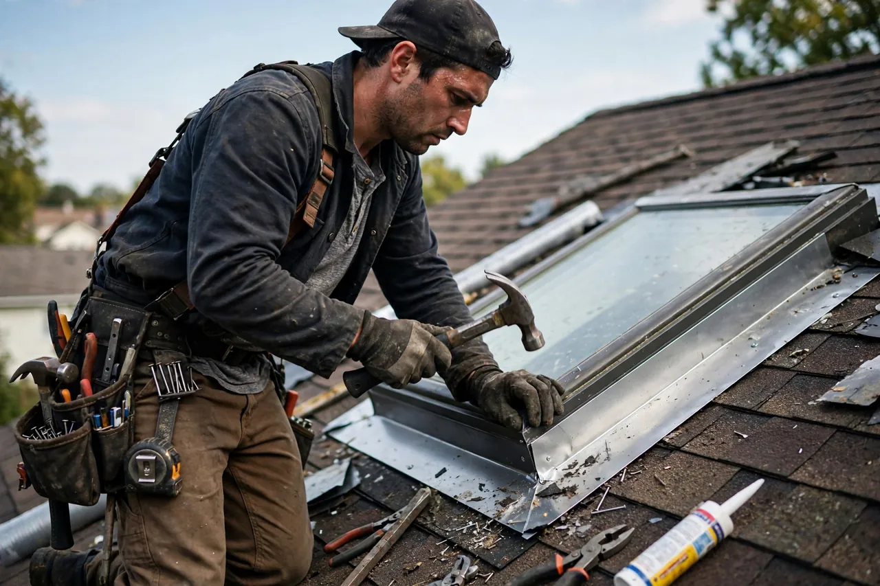 Skylight leak repair in Wilmington: roofer rebuilding step flashing around a curb-mounted skylight on an asphalt shingle roof