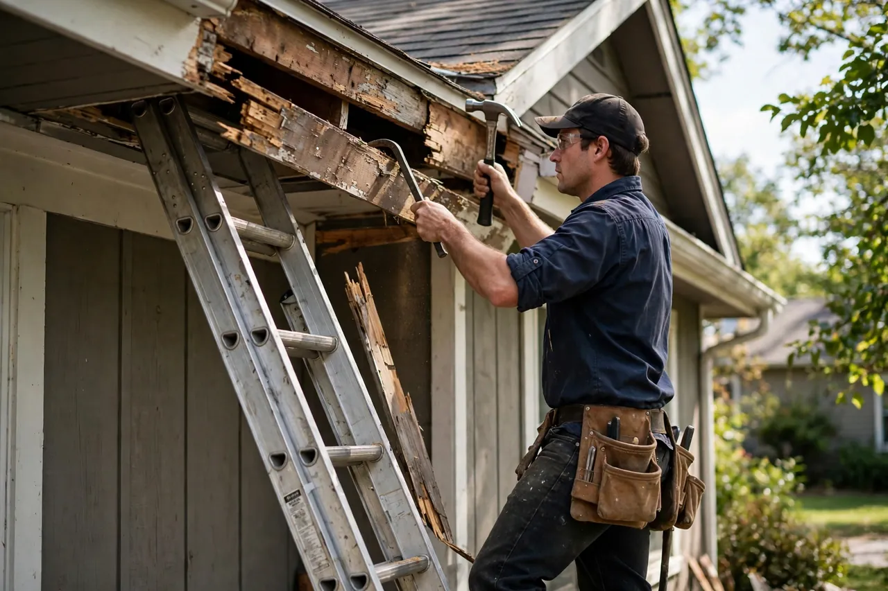 Soffit and fascia repair in Wilmington: worker on a ladder replacing a rotted wooden fascia board under the roof eaves