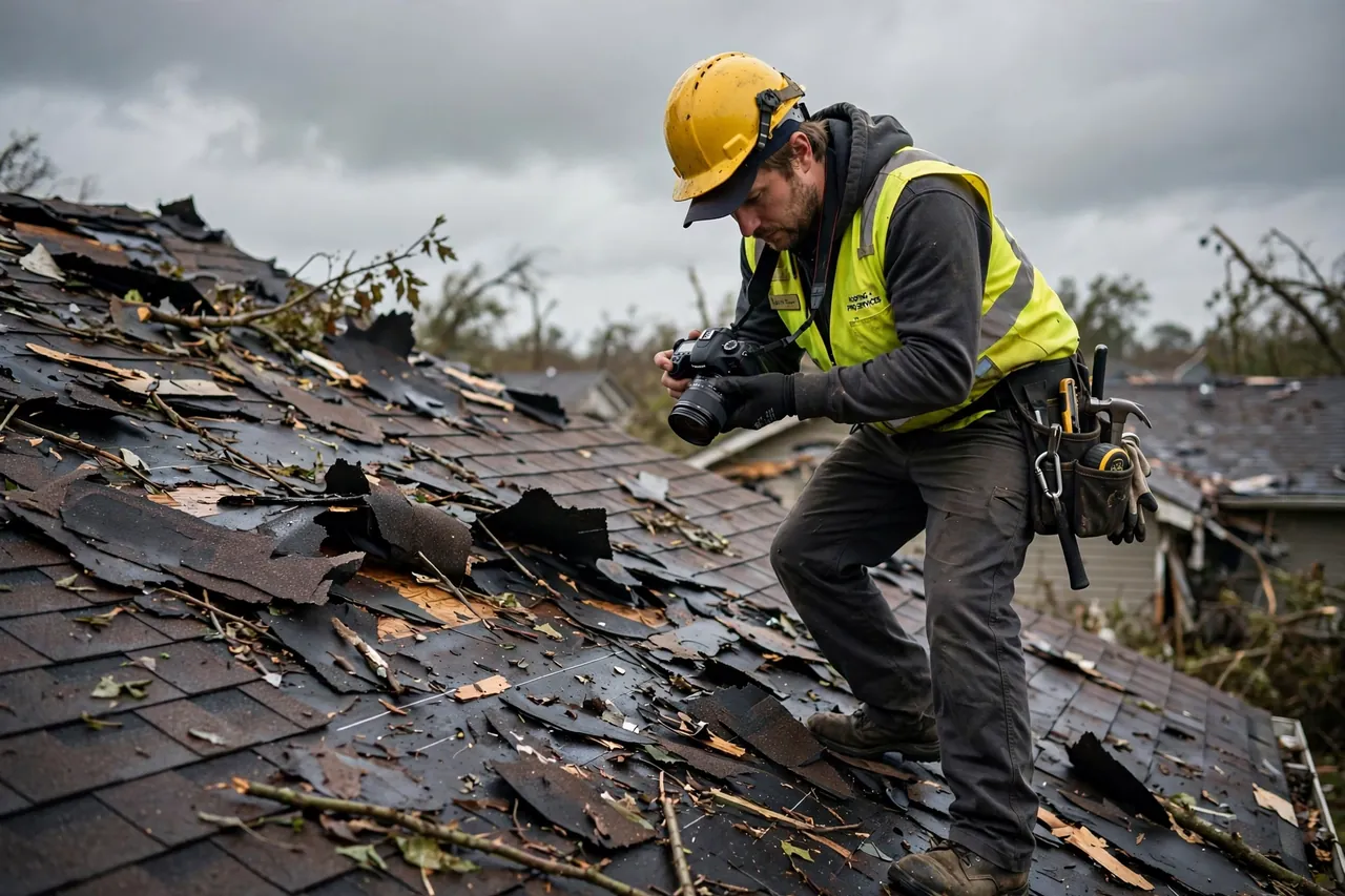 Storm damage roof repair in Wilmington: roofer securing a heavy tarp over wind-lifted shingles on a residential roof after a storm